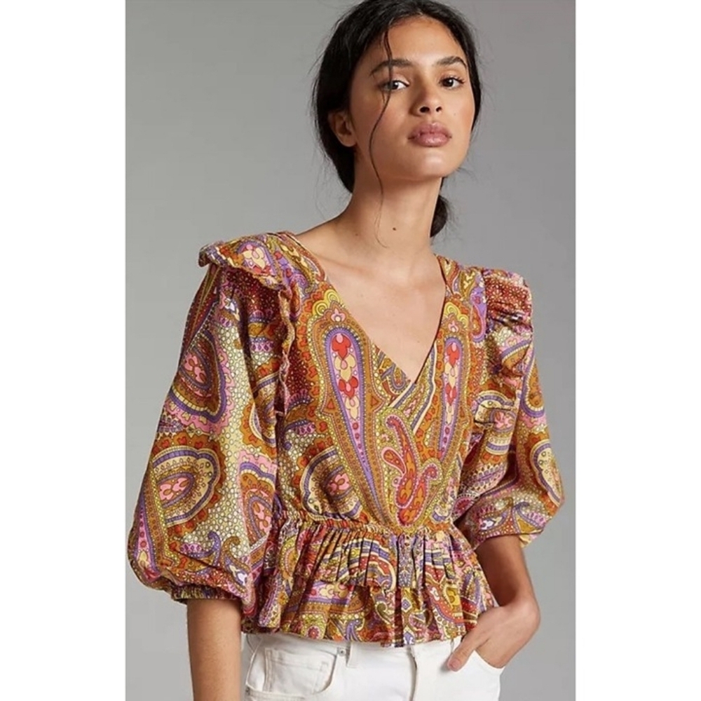 Broadway 38 Paisley Puff Sleeves Cinch Waist Blouse Sz Xl
